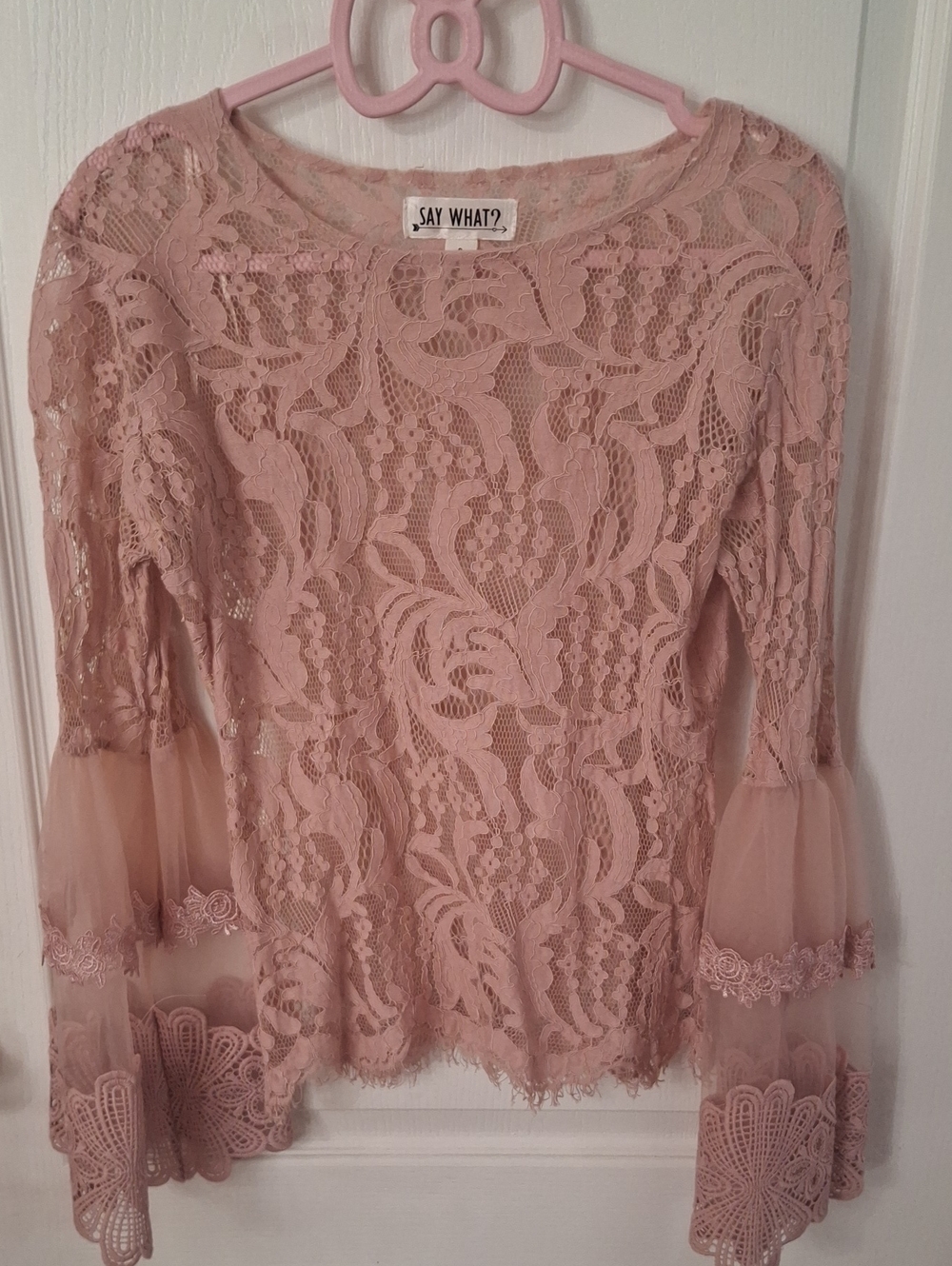 Say What? Women's Dusty Blush Lace Bell-Sleeve Top  NWOT  Size S